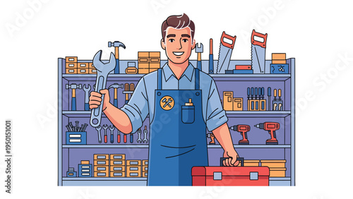 Handyman's Toolkit: A skilled handyman, holding a wrench and toolbox, stands proudly in his well-equipped workshop, ready for any repair or project. 