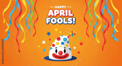 Colorful april fools' day celebration with clown hat and ribbons on orange background