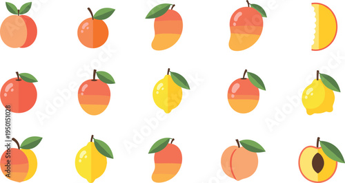 Peach and mango fruit icon collection with slices and bitten pieces. Fresh summer fruit illustrations for dessert, smoothie, grocery and healthy food design.
