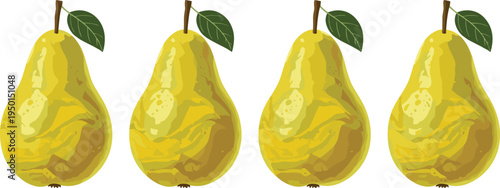 Yellow pear fruit illustration set with glossy ripe pears and green leaves. Fresh organic pear icons for healthy food, grocery, dessert and natural fruit design.