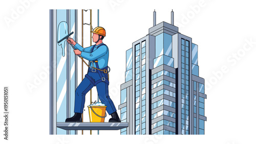 Window Washer at Work: An exterior view of a window washer cleaning the windows of a skyscraper, highlighting the cleaning process and safety gear for his daily routine.