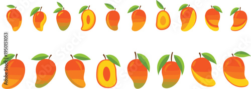 Mango fruit icon collection with whole mangoes and sliced pieces. Fresh tropical mango illustration set for smoothie, dessert, summer fruit and healthy food design.