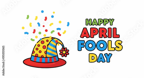 Colorful party hat with confetti and happy april fools day text on white background celebrating prank and joke holiday