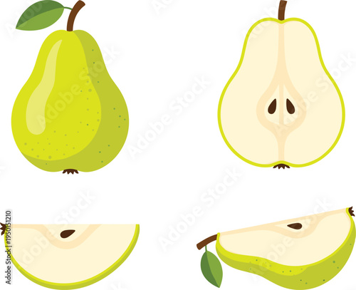 Pear fruit set with whole pear, slice and half cut pieces. Fresh green pear illustrations for healthy food, grocery, dessert and organic fruit design.