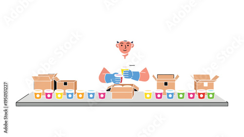 Production Line Precision: In an industrial setting, a dedicated worker meticulously packages colorful products, signifying efficiency, precision, and the journey of goods from creation to customer.