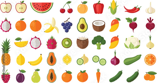 Colorful fruits and vegetables collection with apple, watermelon, banana, avocado, carrot and cucumber. Fresh organic food icons set for healthy diet, grocery and cooking design.