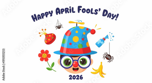 Colorful clown face with blue hat and glasses on april fools' day 2026 celebration