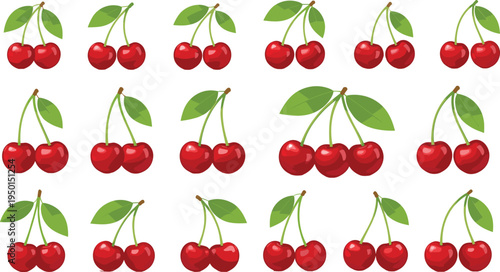 Cherry fruit collection with red sweet cherries and green leaves. Fresh organic cherry icons set for summer fruit, dessert, grocery and healthy food design.