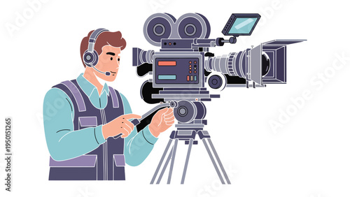 Film Crew at Work: A professional cameraman, immersed in the craft of filmmaking, focuses on his equipment, capturing the essence of the cinematic process.