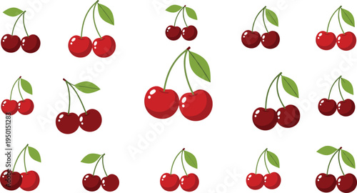 Cherry fruit icon collection with red sweet cherries and green leaves. Fresh organic summer berries set for dessert, grocery, healthy diet and food design.