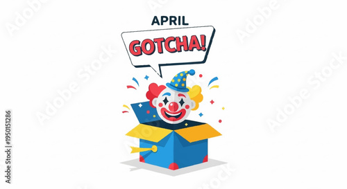 Surprised clown popping out of colorful box with april fools' day message and confetti