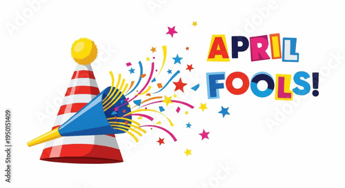 Colorful april fools' day celebration with party horn and confetti on white background