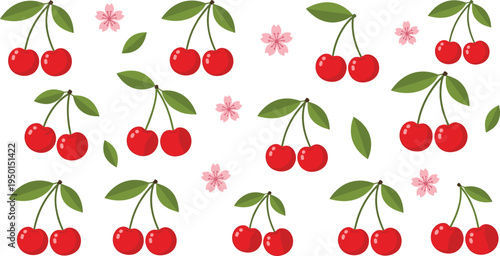 Cherry fruit pattern with leaves and blossom flowers. Cute red cherries collection. Fresh summer berry illustration set for textile, wallpaper and decorative design.