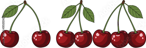 Sweet cherry fruit clusters with green leaves. Fresh red cherries illustration set. Organic summer berry icons for food, dessert, grocery and healthy diet design.