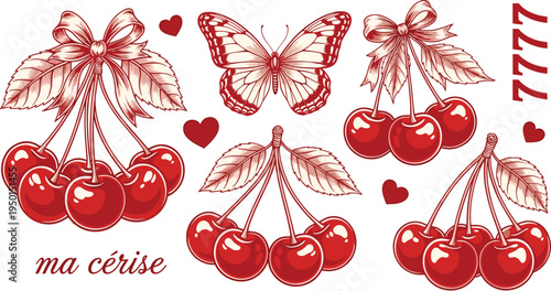 Vintage cherry illustration set with butterfly, ribbon bows and hearts. Romantic red fruit design in retro engraving style for fashion prints, stickers and aesthetic graphics.