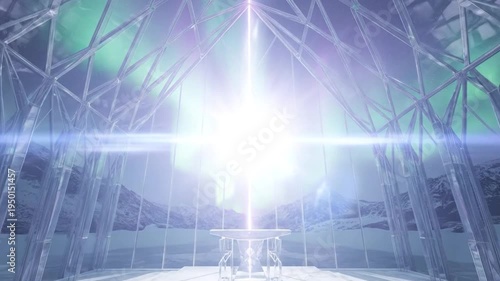 Futuristic Sci-Fi Chamber with Northern Lights and Energy Beam.
