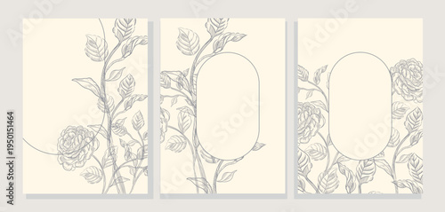 A set of three elegant botanical templates with delicate hand-drawn floral illustrations. Each design features intricate rose and leaf patterns in a monochromatic grey tone on a soft off-white backgro