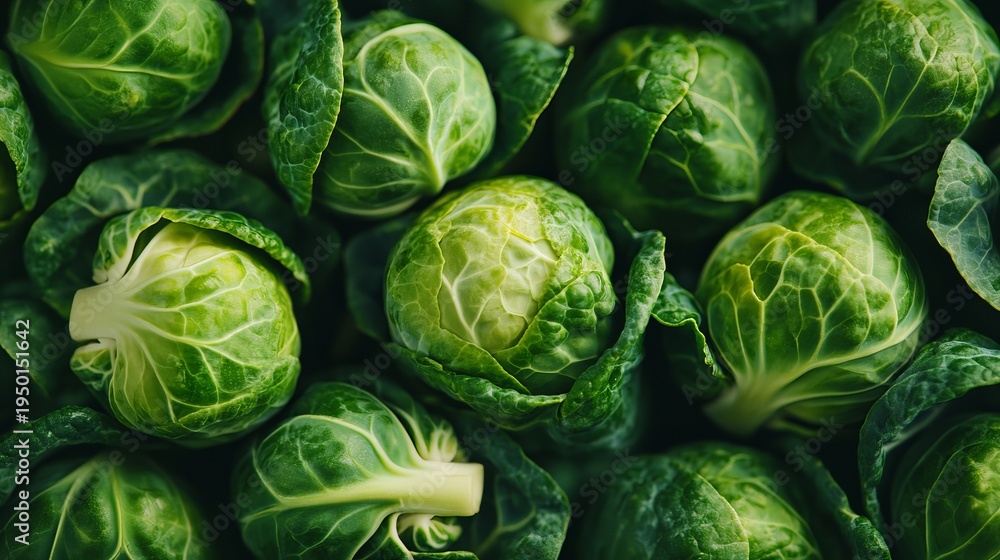 Fototapeta premium A Vibrant Display of Fresh Brussels Sprouts Arranged Beautifully on a Rustic Wooden Table Surface
