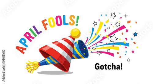 Colorful april fools' day party popper with confetti and stars on white background