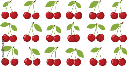 Cherry fruit collection with pairs of red cherries and green leaves. Fresh sweet cherry icons set. Organic summer fruit illustration for food, dessert and grocery design.