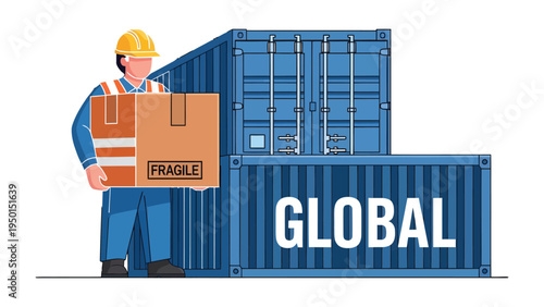 Global Shipping: A worker, clad in a safety vest and hard hat, carefully handles a package near a stack of freight containers emblazoned with the word GLOBAL.