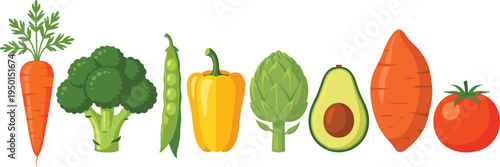 Fresh vegetable collection with carrot, broccoli, bell pepper, avocado, tomato and sweet potato. Organic farm vegetables set for healthy food, cooking and grocery design.