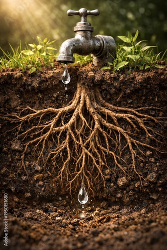 Conceptual Image of Water Conservation Showing an Outdoor Faucet Dripping into Tree Roots Underground