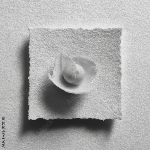 Black & white macro of a shell with a single egg-like object on textured paper