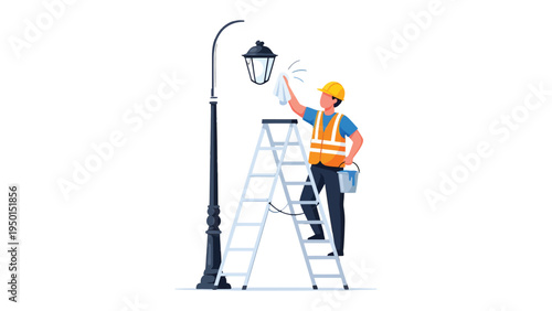Streetlight Maintenance: A worker on a ladder, diligently cleaning a vintage streetlight, embodying dedication and care for public spaces.