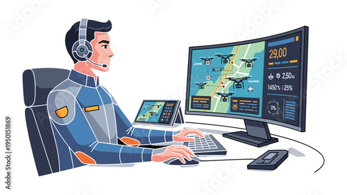 Drone Control Center: A professional, focused on the task at hand, guides a fleet of drones. He sits before advanced technology, a central command where he monitors and manages aerial operations