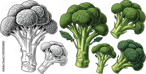 Broccoli vegetable illustration set with whole heads and cut pieces. Fresh green broccoli and outline drawing. Organic farm vegetable for healthy food and nutrition design.