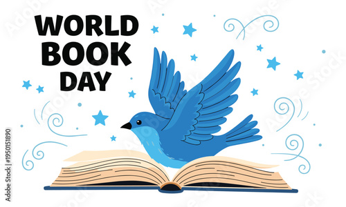 World book day celebration with a blue bird emerging from an open book