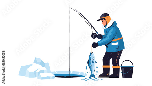 Winter Angler: An individual ice fishes. Capturing the essence of winter activity and patience.