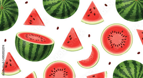 Watermelon fruit pattern with slices, halves and seeds. Fresh summer watermelon collection for seamless background, textile, packaging and healthy food design.