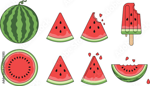Watermelon fruit collection with whole melon, slices and popsicle. Fresh summer watermelon illustrations for dessert, picnic, juice and healthy food design.