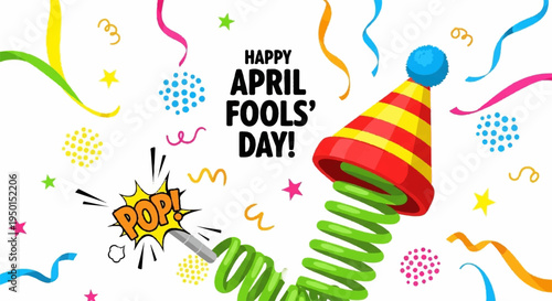 Colorful april fools' day celebration with party hat and confetti on white background