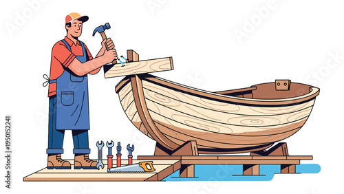 Craftsman at Work: A skilled artisan diligently crafts a wooden boat with meticulous precision, shaping its form with tools like a hammer, showcasing the timeless craft of boatbuilding.