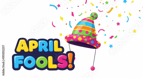 Colorful april fools' day celebration with confetti and party hat on white background