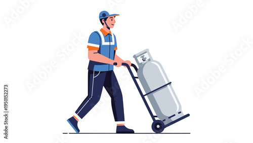 Gas Cylinder Delivery: A dedicated worker transports a gas cylinder using a trolley, embodying reliability and service in this essential delivery concept.