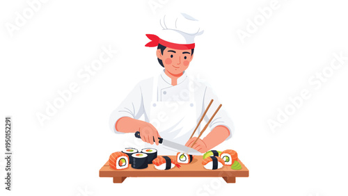 Sushi Chef at Work: Capturing a culinary artist at work. A focused chef meticulously prepares and arranges sushi rolls. A symphony of flavors and textures, meticulously crafted.