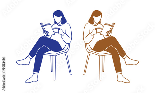 Two women reading on chairs in monochromatic colors