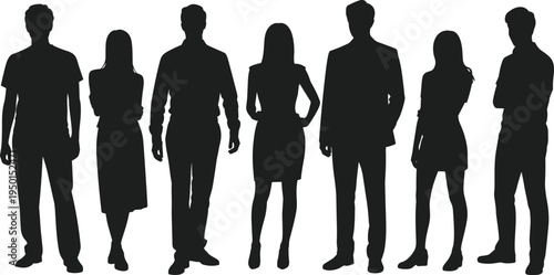 Silhouette people group, diverse human figures, standing crowd illustration, teamwork concept, anonymous individuals, diversity design, social dynamics, vector art, presentation element