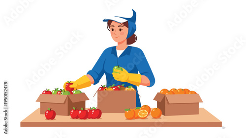 Fresh Harvest Processing: A dedicated individual sorts and arranges freshly picked fruits into boxes, symbolizing the season's bounty and the labor of agriculture.