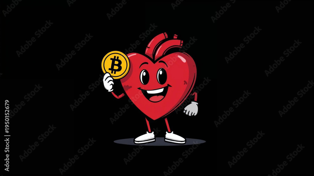 Fototapeta premium a cartoon red heart character hold bitcoin on black background