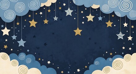 Whimsical illustration of a starry night sky with clouds and hanging stars, perfect for background