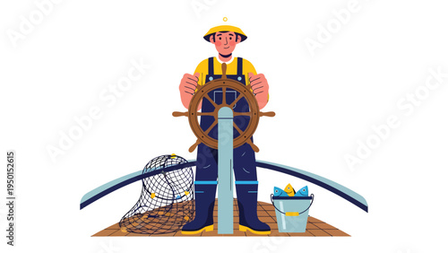 Navigating the Waters: A resilient fisherman steers his vessel towards the horizon, symbolizing hope and the relentless pursuit of dreams, with his net ready and a bucket full of catch.