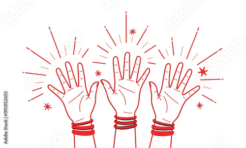 Three hands with red bangles and sparkles