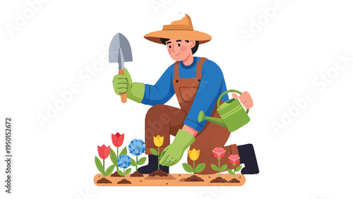 Gardener Nurturing Growth: A gardener diligently tends to a vibrant flowerbed, embodying dedication and the nurturing of life.