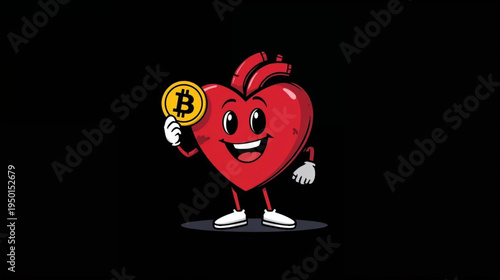 a cartoon red heart character hold bitcoin on black background