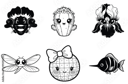 Cute Kawaii Black White Creatures Set